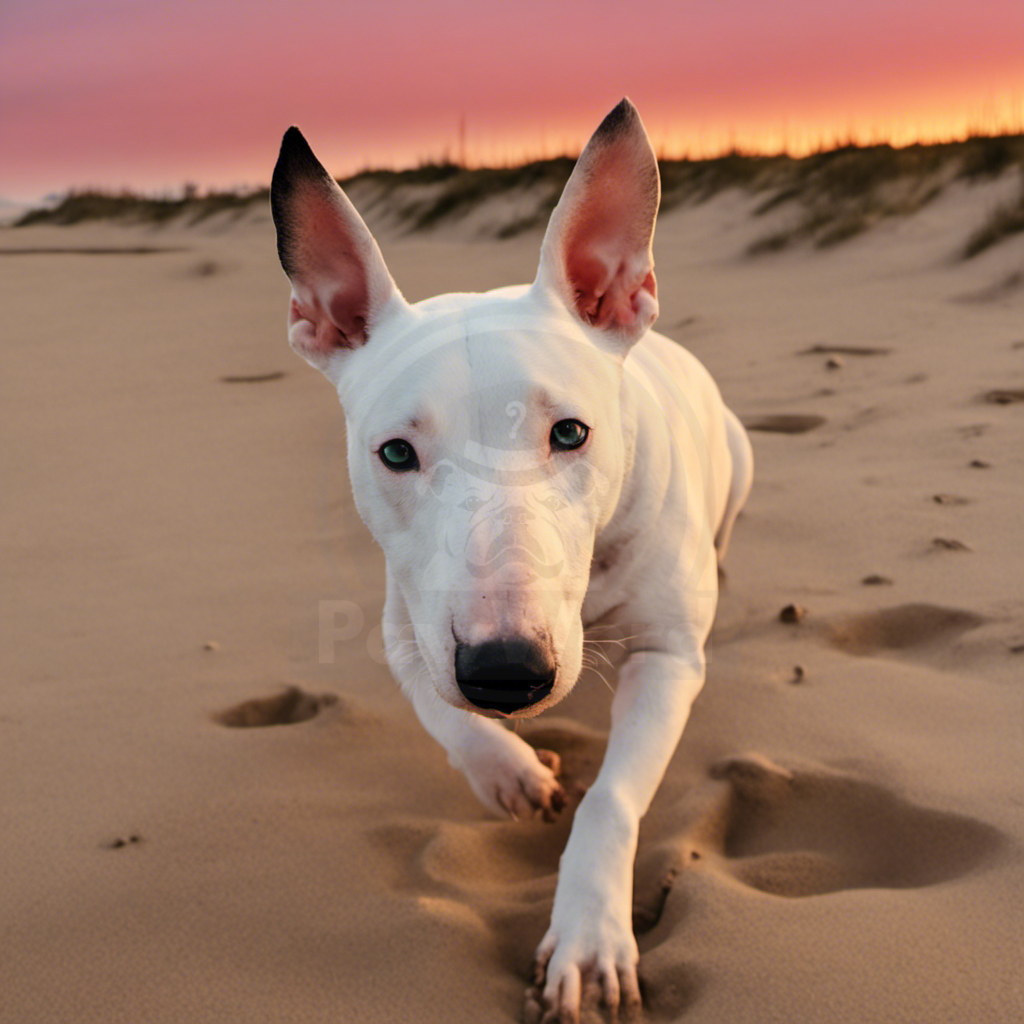 My name is Rouge. I am a female English Bull Terrier. My visual description is Energetic, bright eyes, always smiling, really happy.